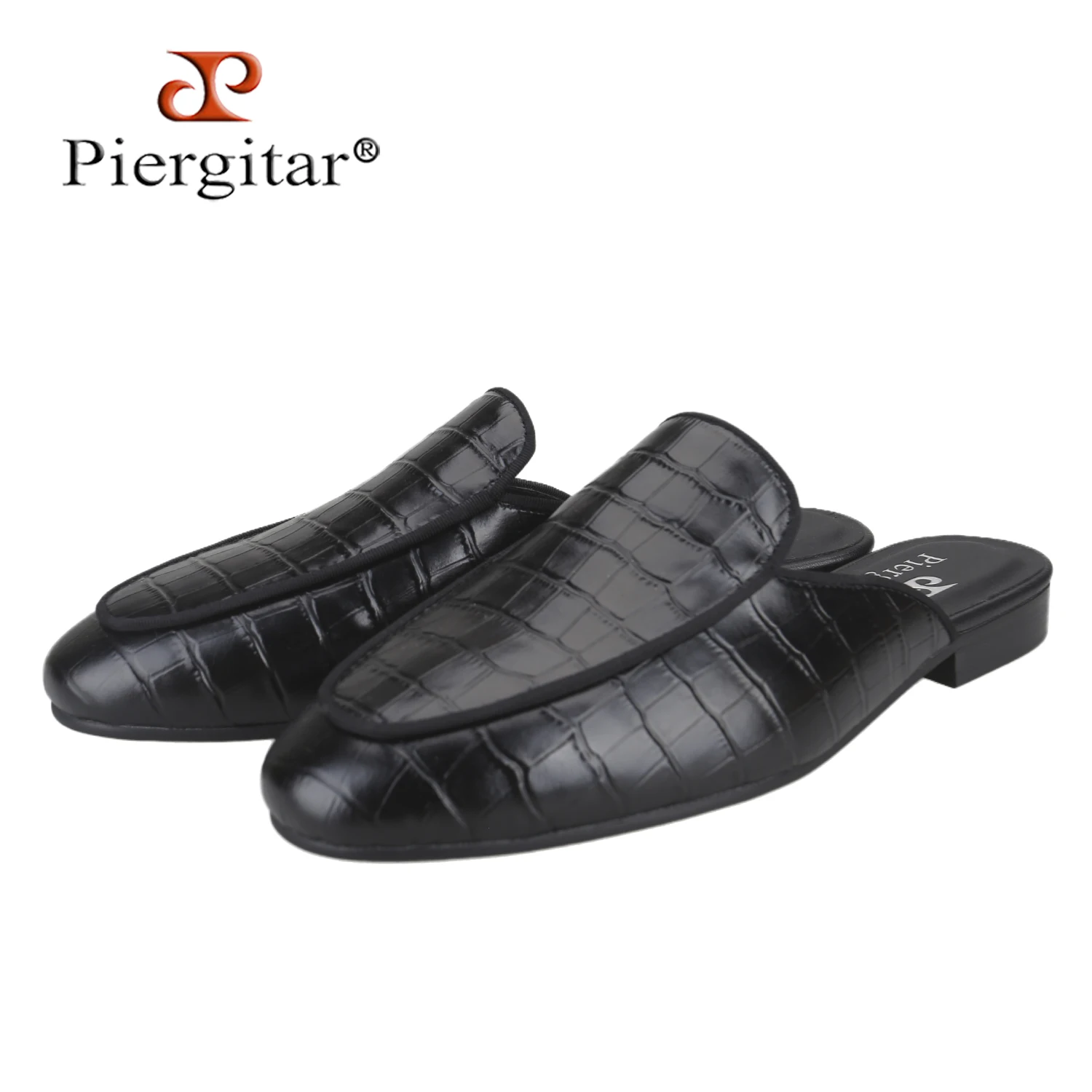 Piergitar Italian Retro Model Black Crocodile Pattern Genuine Leather Men's Half Slippers Gentleman Style Handmade Mules Shoes