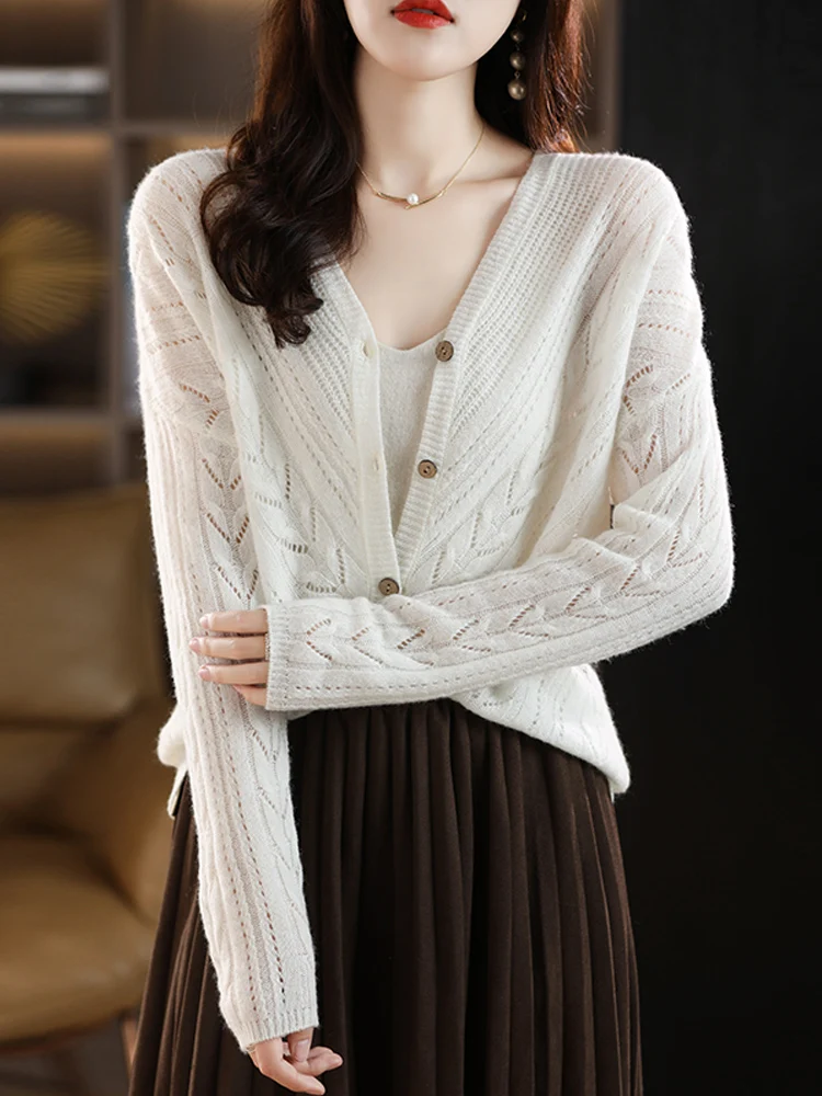 Suéter elegante de lana merina de 100% para mujer, cárdigan informal de punto para otoño e invierno, ropa calada de manga larga para mujer, Tops