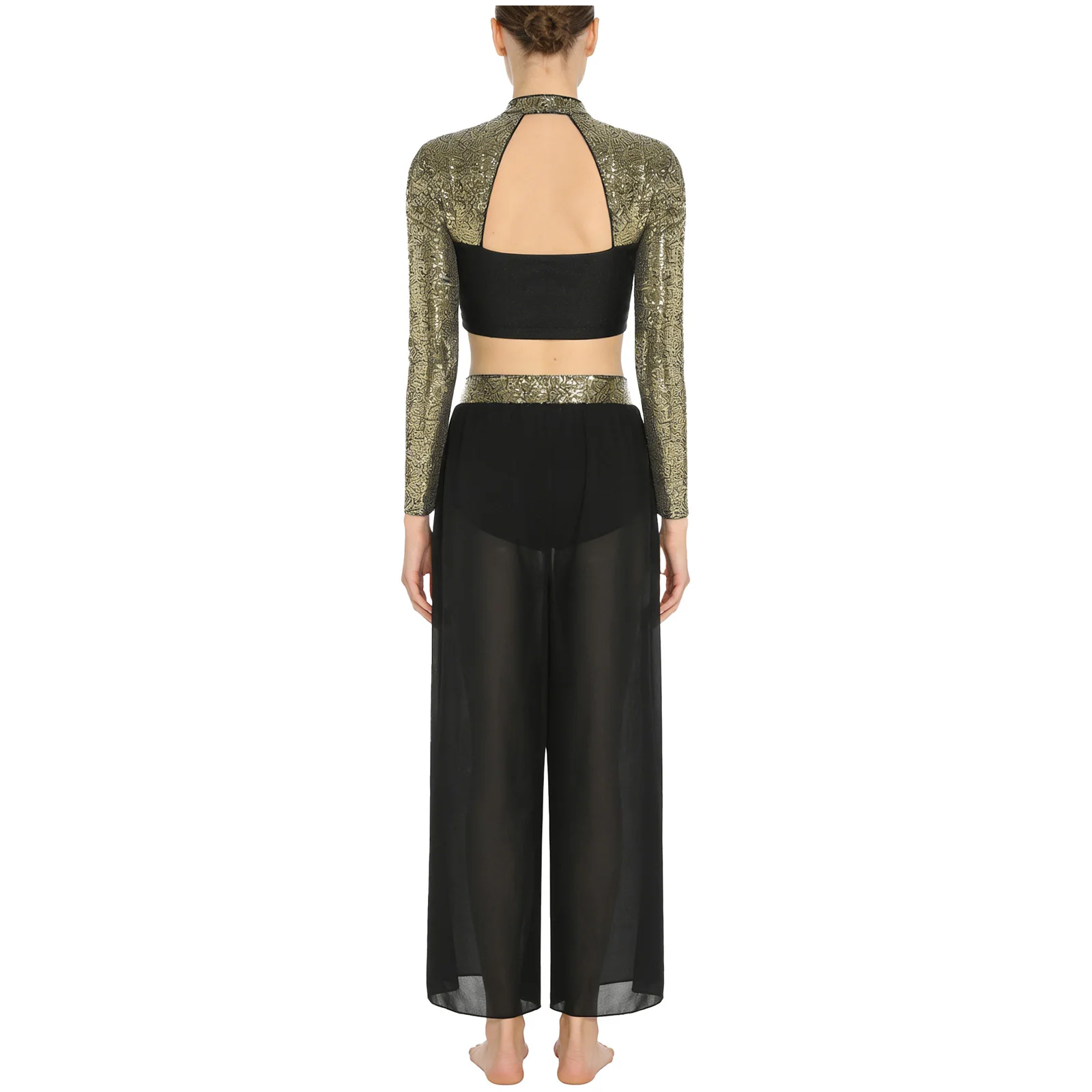 Women Lyrical Dance Set Ballet Jazz Latin Dance Costume Long Sleeve Sequin Crop Top with Sheer Mesh Side Slit Dance Pants Outfit image 2