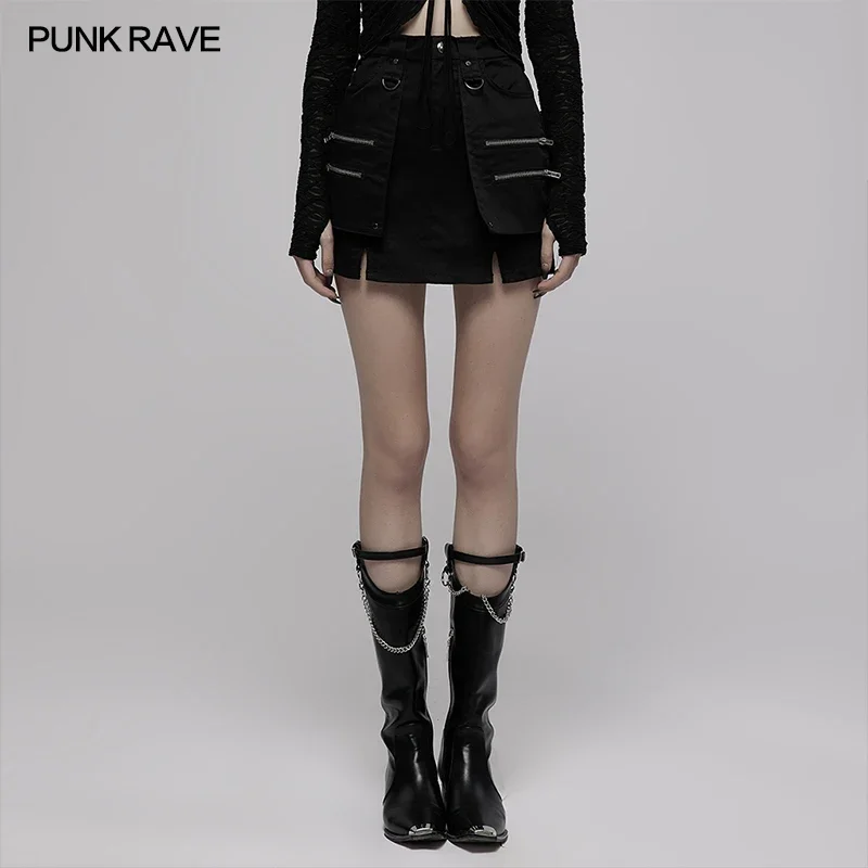 

PUNK RAVE Women's Punk Style Metal Rivets Heavy Industrial Mini Skirt Fashion Sexy Personality Black Skirts Women Spring&summer