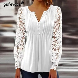 Spring Autumn 2023 Fashion Elegant Sexy Hollow Lace Patchwork Long Sleeve Buttons T Shirts Women Casual Solid V Neck Tunic Tops