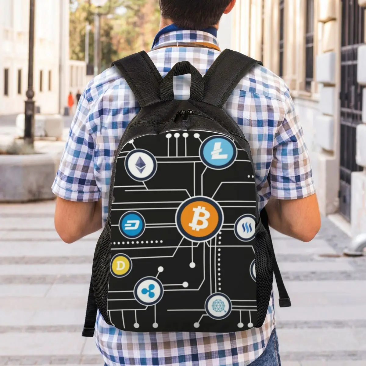 Cryptocurrency Bitcoin Altcoin Blockchain Logo mochilas para estudiantes universitarios Bookbag se adapta a bolsas de Ethereum para portátiles de 15 pulgadas