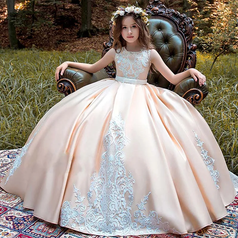 

Fluffy Satin Flower Girl Dress Sleeveless Lace For Wedding Little Children First Holy Communion Birthday Party Dress Ball Gown