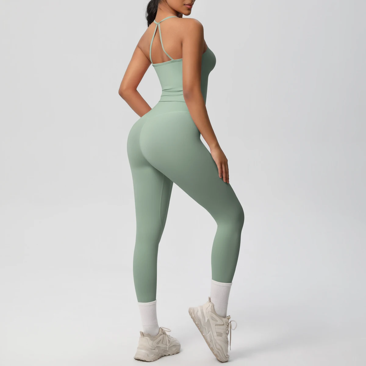 Hochelastisches, sexy, rückenfreies Yoga-Oberteil und -Hose, stoßdämpfendes Lauf-Yoga-Tanktop, einfarbige, schnell trocknende Yoga-Leggings – Detail 15