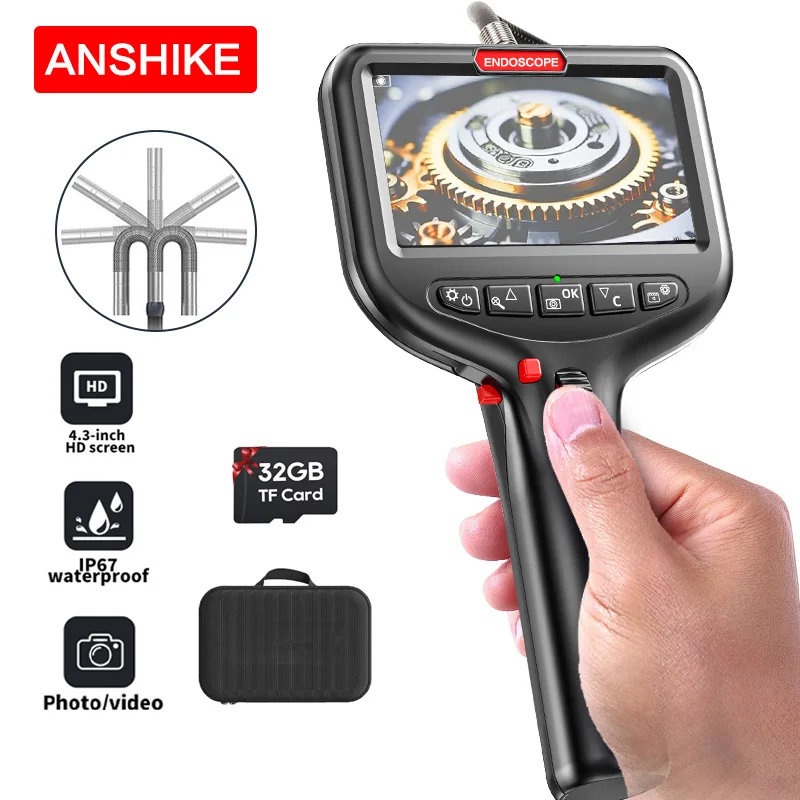 

Промышленная эндоскопическая камера с двусторонним рулевым управлением, 6 мм, двойной 3,9 мм, одинарный объектив, 4,3-дюймовый инспекционный бороскоп для эндоскопического автомобиля