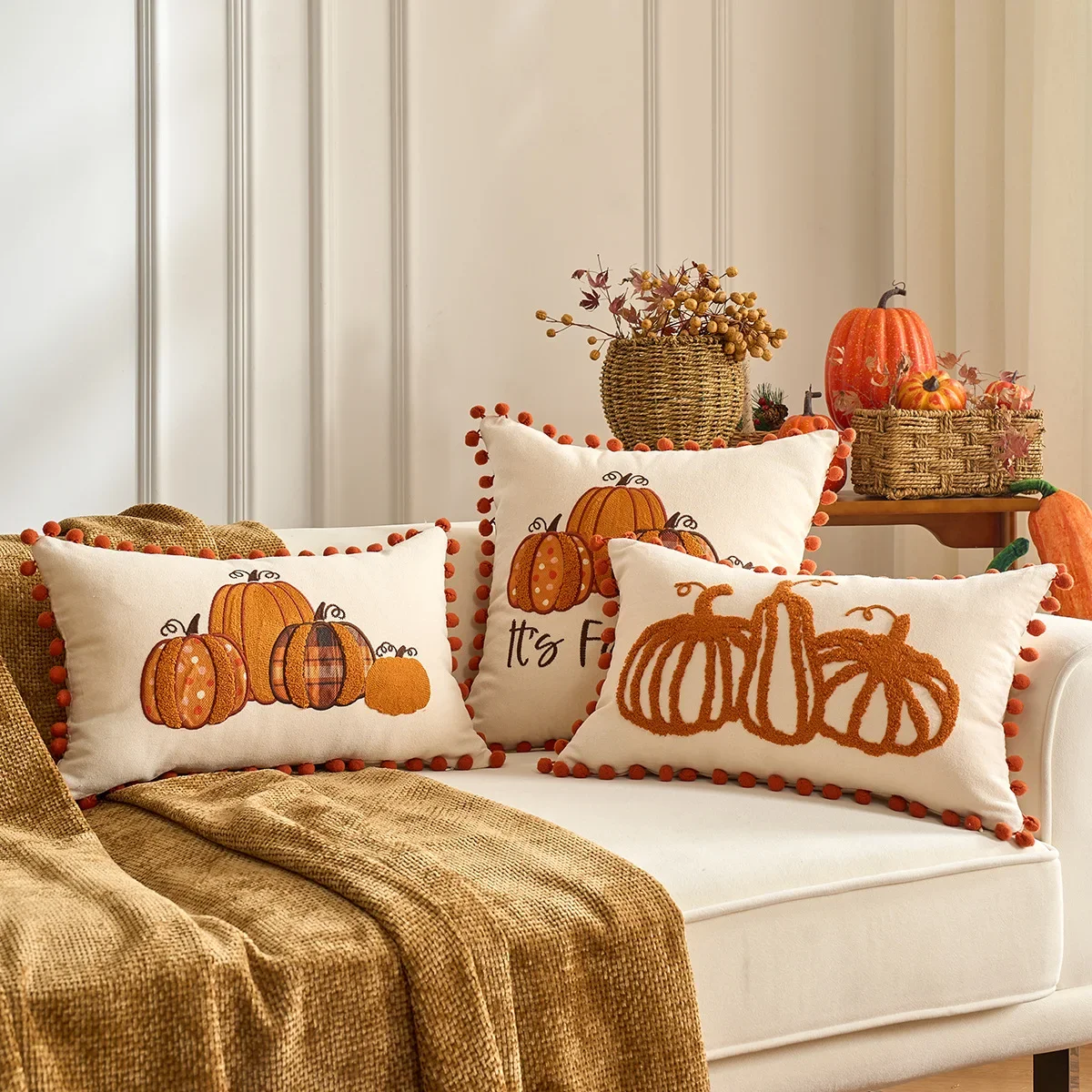 Thanksgiving Day Fall Maple Leaf Pumpkin Embroidery Pillowcase Cojines Halloween Decoration Pillow Cushion Cover 30x50/45x45cm