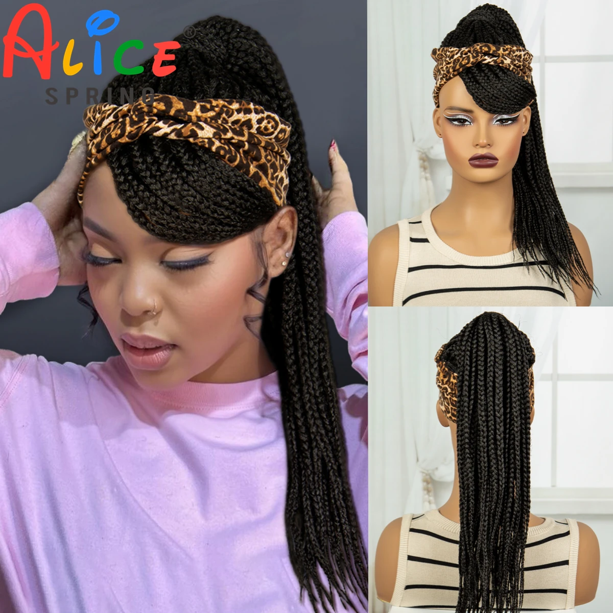 Synthetic Ponytail Headband Braided Wig with Bangs Machine Made Cornrow Wigs Knotless Box Braiding Hair Wig for Black Women