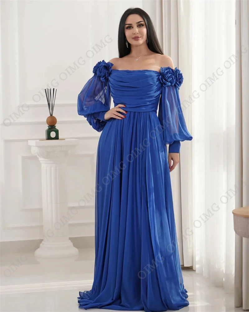 OIMG Royal Blue Chiffon Long Sleeves Evening Dresses Saudi Arabric Gogerous Prom Dresses Flower Prom Gowns Formal Occasion