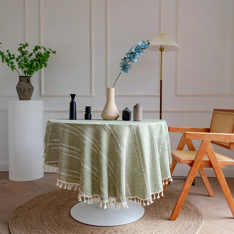Green Round Tablecloth Striped Embroidered Table Cover Farmhouse Tassel Table Cloth for Table Kitchen Dining Room Tabletop Decor