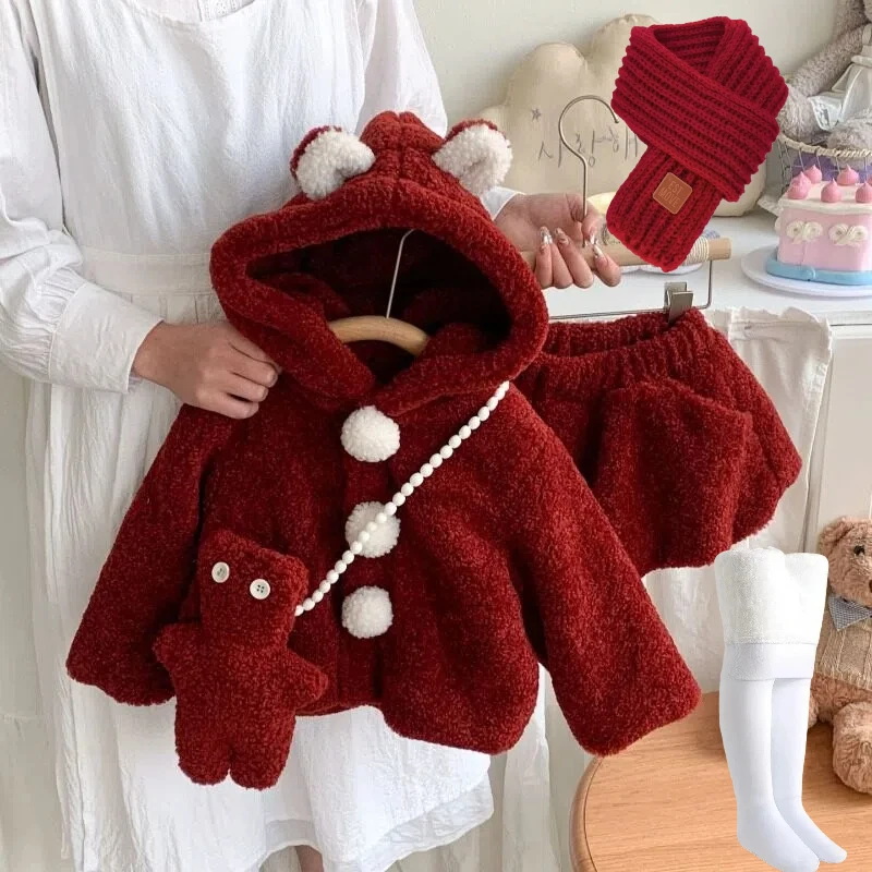 

New Year Costume Red Hooded Coat Shorts Full Set Warm Fluffy Girls Boys Clothes with Cute Toy Winter Season Christmas Party