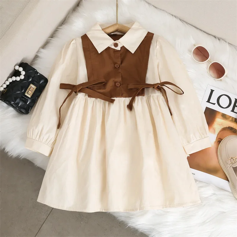 Baby Girl Dress Brown Black Fashion Patchwork  2 3 4 5 6 7 8 Years Kids Clothes Beautiful Children's Casual Fake Two Dresses