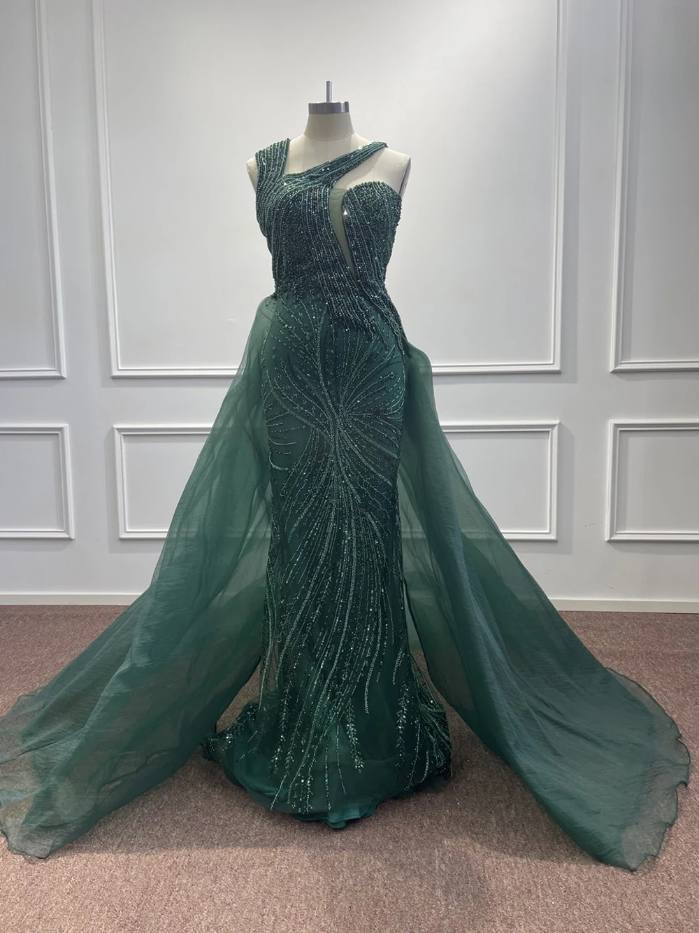 One Shoulder Sequined Tulle Evening Dresses Dark Green Beading Pearls Mermaid Luxury Arabic Formal Party Prom Gowns Vestidos