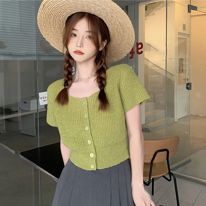 Women Knitted Top Short Sleeve Summer Solid Color Sweet Square Neck Casual Fashion Versatile Knitted Short Sleeved Cardigan