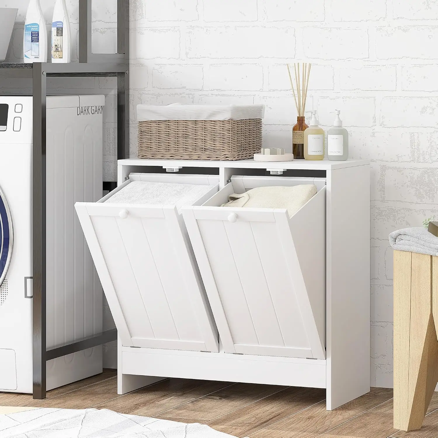 Double Tilt Out Laundry Hamper Cabinet with Storage 2 Doors White, Customized
