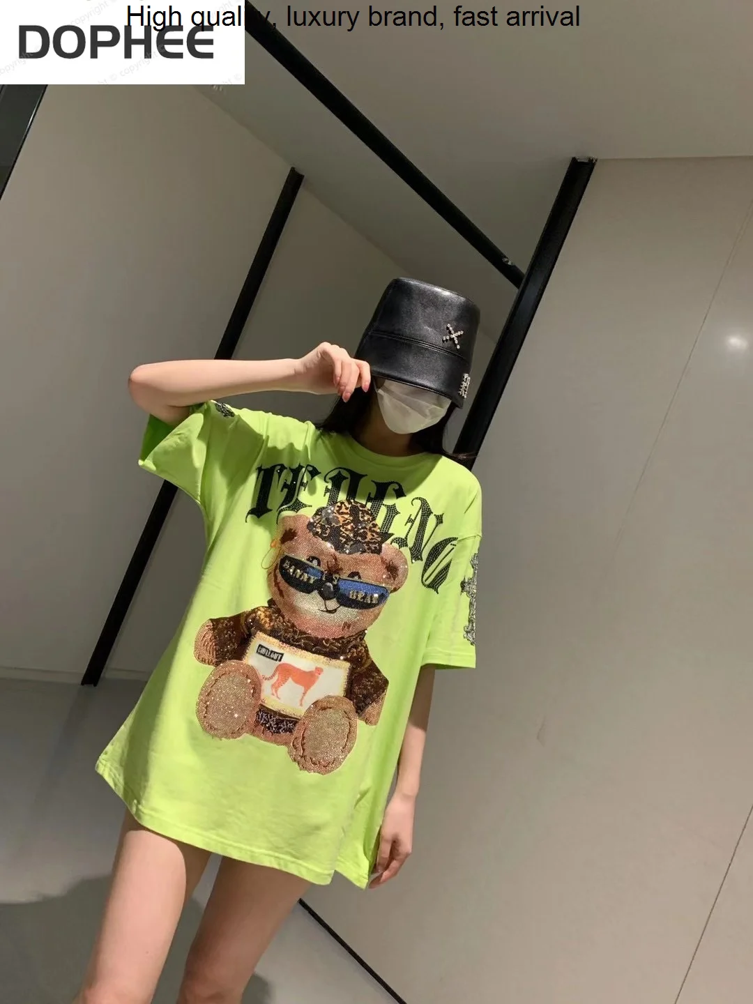 

Hot Drillin Luxury Summer Women Clothes O-neck Short Sleeve T-shirt Fluorescent Green Glasses Bear Loose Streetwear Couple Tops