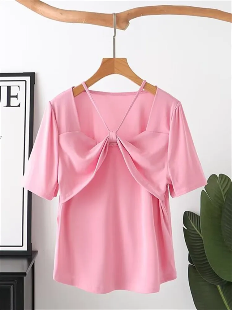 

Plus Size Women's Short Sleeve T-Shirt Round Neck Knitted T-Shirt With Three-Dimensional Bow Design On The Chest Solid Color Top