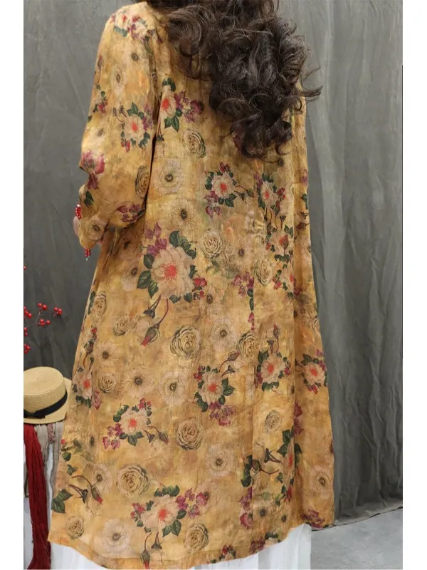 

Summer Artistic Retro National Sle Flax Print irt Dr Casual Loose mid Sve V-Ne Midi Artistic Top Women's Faion