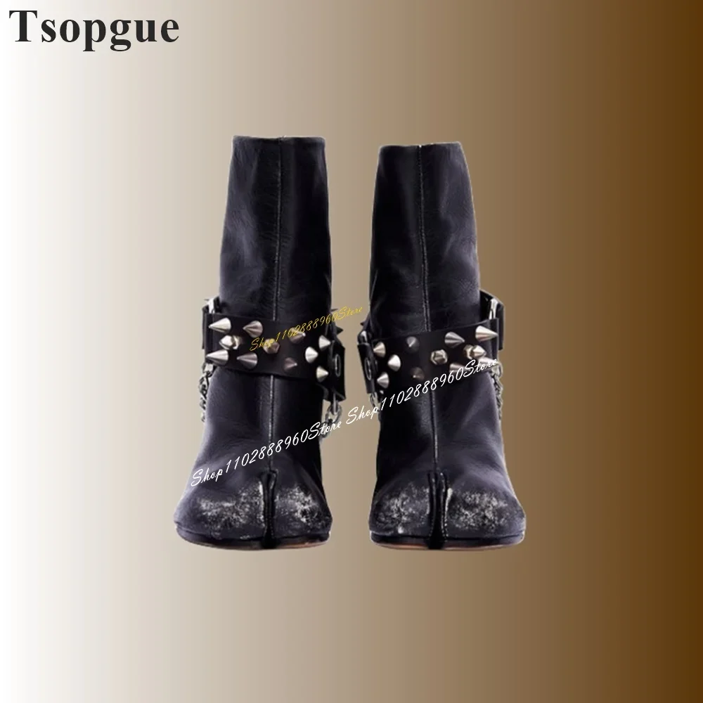 Botines Tabi con correa de cadena de Metal negro Para Mujer, Zapatos de tacón alto grueso con punta abierta, Zapatos de moda Para Mujer 2024