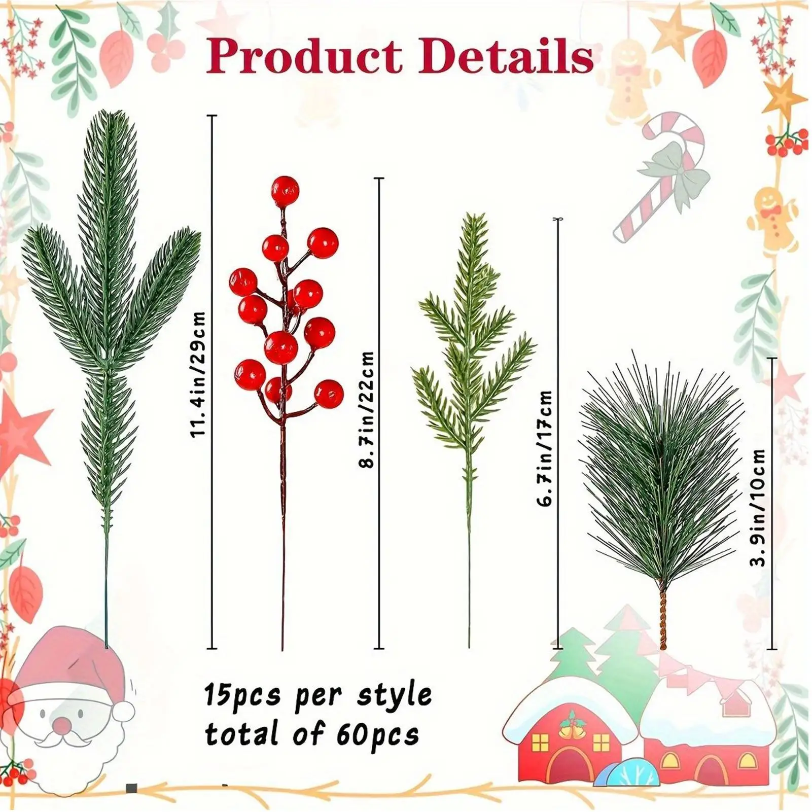 

60 Pieces Artificial Pine Branches Faux Christmas Decoration Green Branches And Red Holly Berries For Making Wreaths Decorating