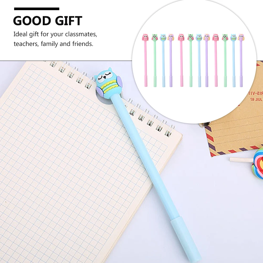 12 szt. Długopisów Żelowych z Motywem Sowy, Neutralne, Biurowe, Do Pisania, Artykuły Szkolne, Plastikowe, Silikonowe