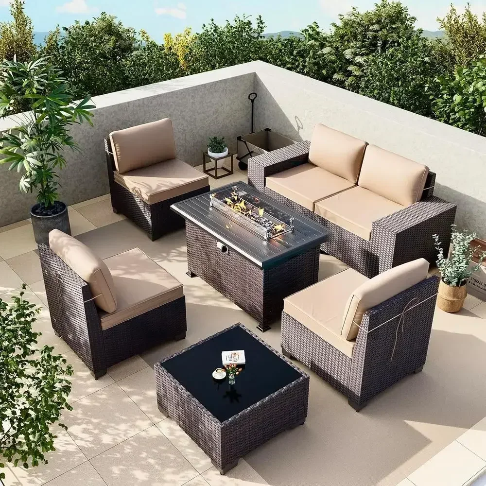 

7-Piece Patio Furniture Set with Fire Pit Table, Wicker with Wide Armrests, High Backrest, Thick Cushions, Coffee Table, Khaki O