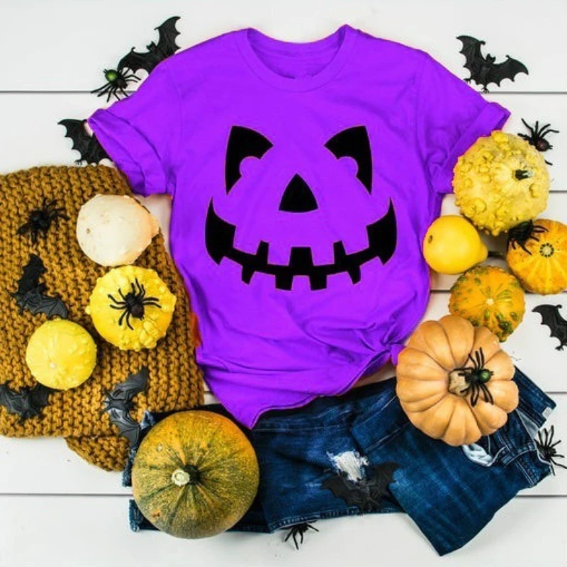 

Halloween Cute Pumpkin Smiling Face Print T Shirt Women Short Sleeve O Neck Loose Tshirt Women Tee Shirt Tops Camisetas Mujer