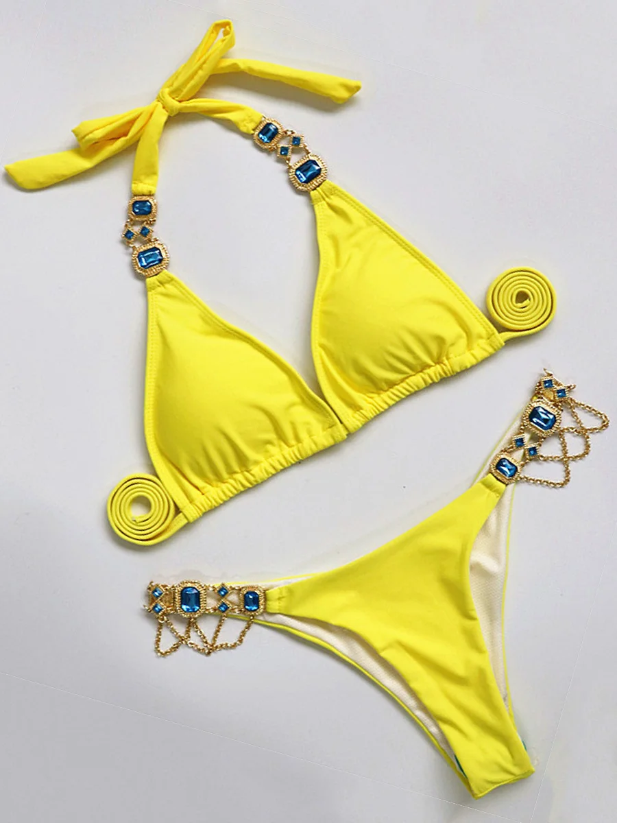 Sexy Crystal Diamond Bikini 2024 Women Rhinestone Swimsuit Female Metal Chain Swimwear Two pieces bikini set Halter Bathing Suit