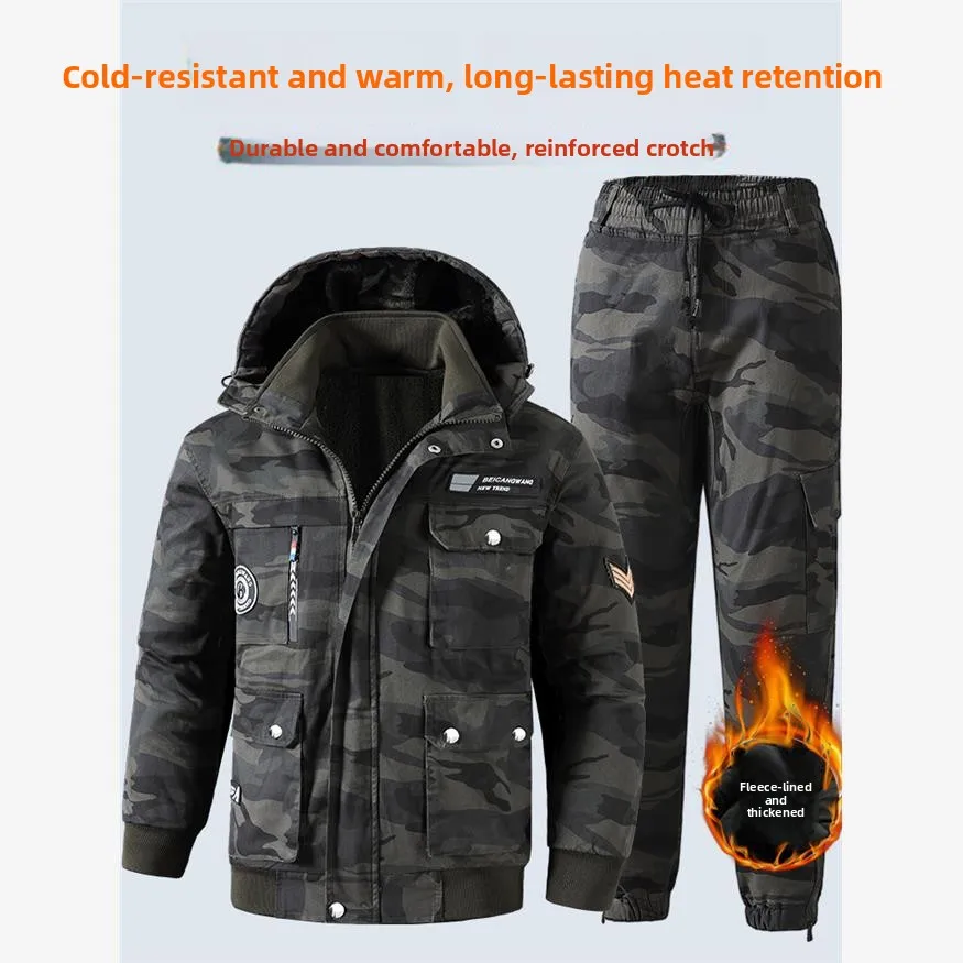 남성용 순면 작업복 세트 가을 겨울 두꺼운 내마모성 열 차단 용접 위장 작업복 라보...