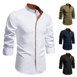 Fashion Men's Long Sleeve T-Shirts Solid Color Henry Collar Casual Formal Mens Dress Shirt Social Streetwear Mens Clothing