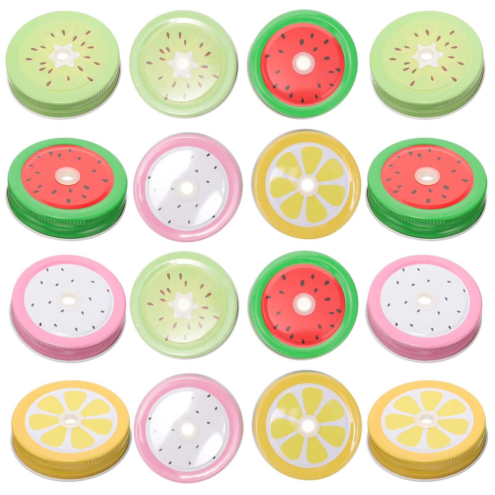 

20pcs Jar Lid Fruit Pattern Tinplate Reusable Leak Proof Straw Hole Metal Cover Tinplate Mason Jar Lid Storage Solution