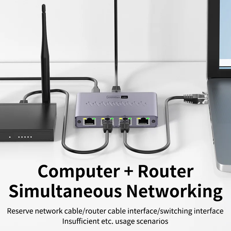 ตัวแยกสายเคเบิลเครือข่าย RJ45 1 ถึง 4 พอร์ต สวิตช์กิกะบิตอีเธอร์เน็ต 1000Mbps อะแดปเตอร์ขยายอินเทอร์เน็ต LAN ตัวแปลงเครือข่าย RJ45