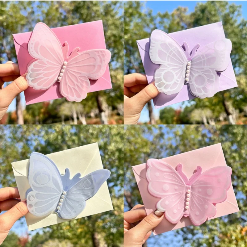 

1/4Pcs Pink Floral Butterfly Pop-Up Card with Pearl Accessories Holiday Gifting Birthday Greeting Card With Envelope