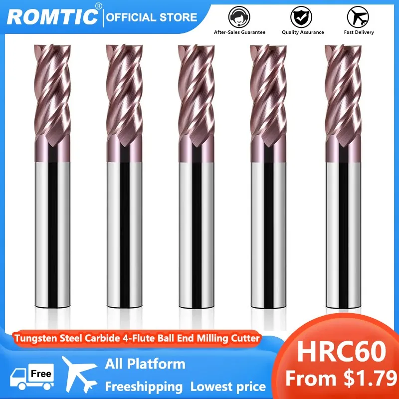 ROMTIC Nano Coating Tungsten Steel Carbide  4-Flute Flat End Mill HRC60 CNC Engraving Machine Machining Center Milling Cutter