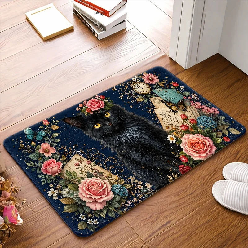 Bohemian Floral Cat Rug Cottagecore Style Vintage Apothecary Decor Polyester Area Mat Large Rectangular Accent Rug Home Runner P