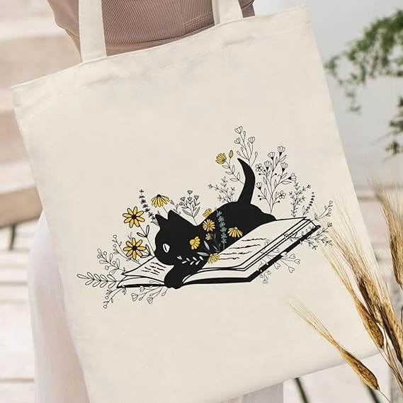 Versatile Black Cat Book Tote Bag Cat Lover Bookworm Gift Aesthetic Canvas Tote Bag for Students Cat Lovers Minimalist  Design