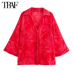 TRAF Red Print Oversized Shirt Women Wide Sleeve Casual Female Shirt Transparent Shirts and Blouses for Women Summer Women Shirt