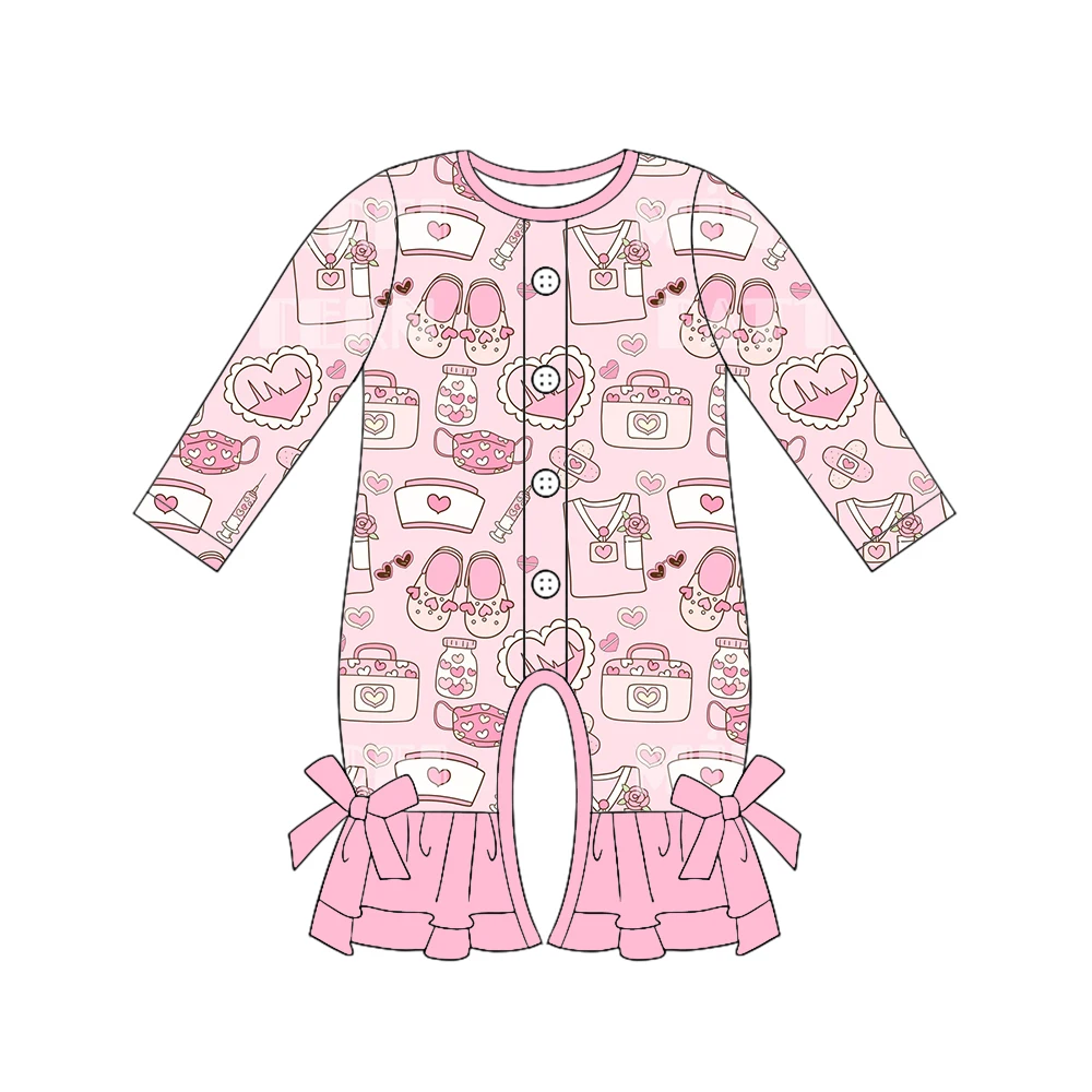 Valentine's Day Baby Girl's Clothing round Neck Long Sleeve Jumpsuit with Lace Bow Love Cartoon Print Children's Boutique Suit