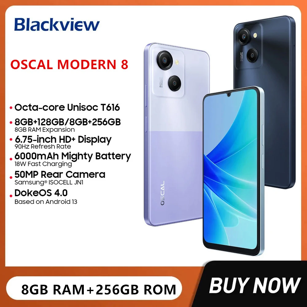 

Blackview OSCAL MODERN 8 Ultra Thin Smartphones 6.75 Inch HD+ 8GB+128GB/256GB Mobile Phone 50MP Camera 6000mAh 18W Fast Charging