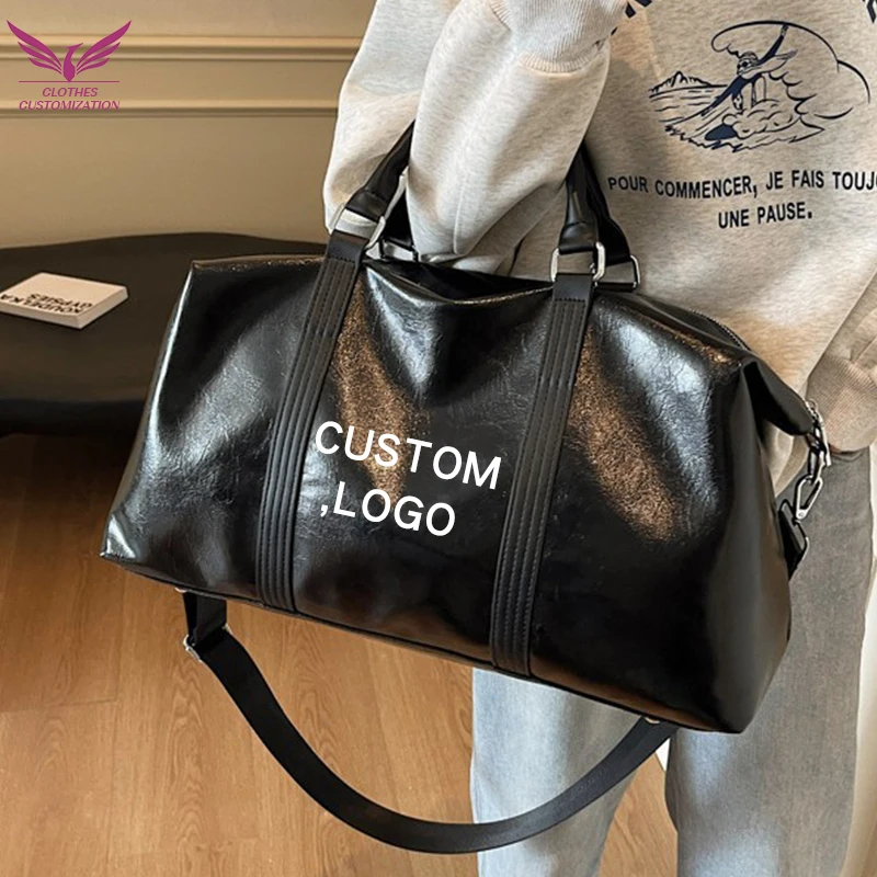

Custom Leather Sports Gym Bag Outdoor Travel Fitness Camping Training bag print logo Yoga pack Large Luggage Tote Shoulder bag