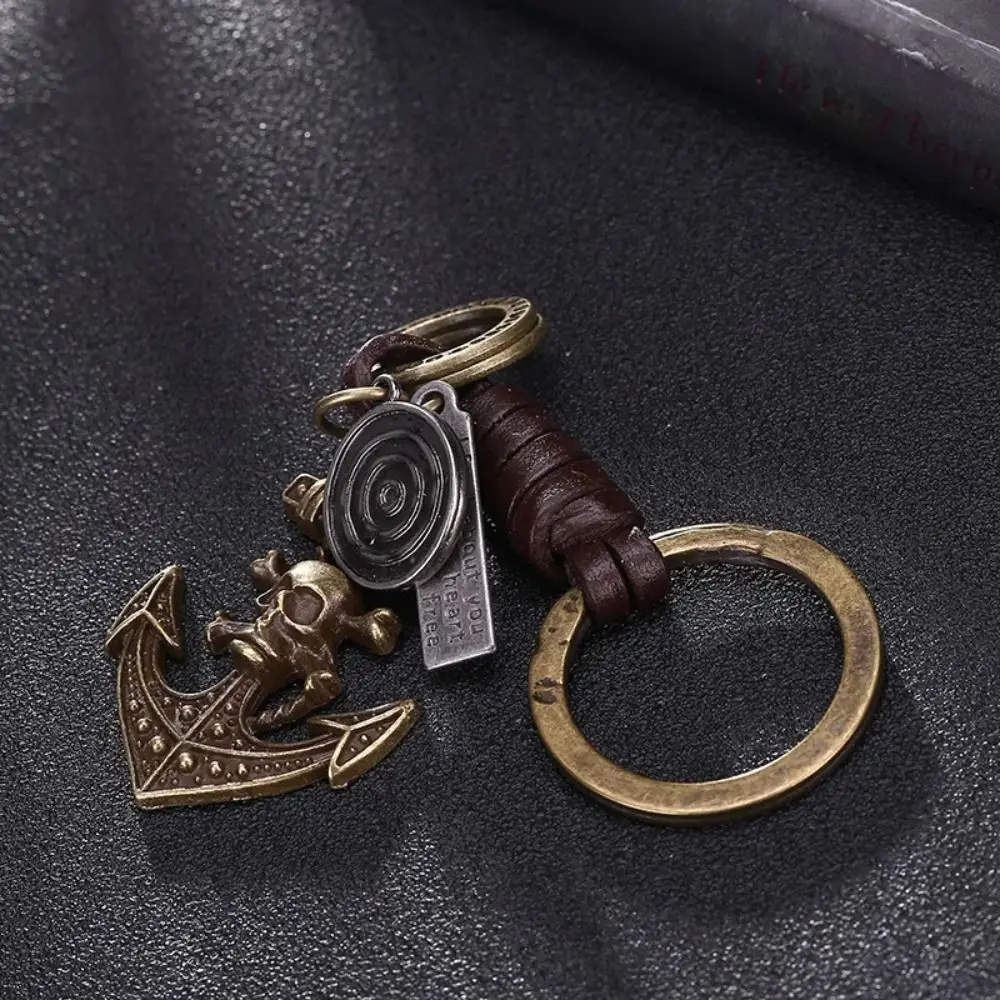 Alloy Pirate Ship Key Chain Genuine Leather Charm Fashion Vintage Keyring Hand-woven Bronze Vintage Skeleton Keychain