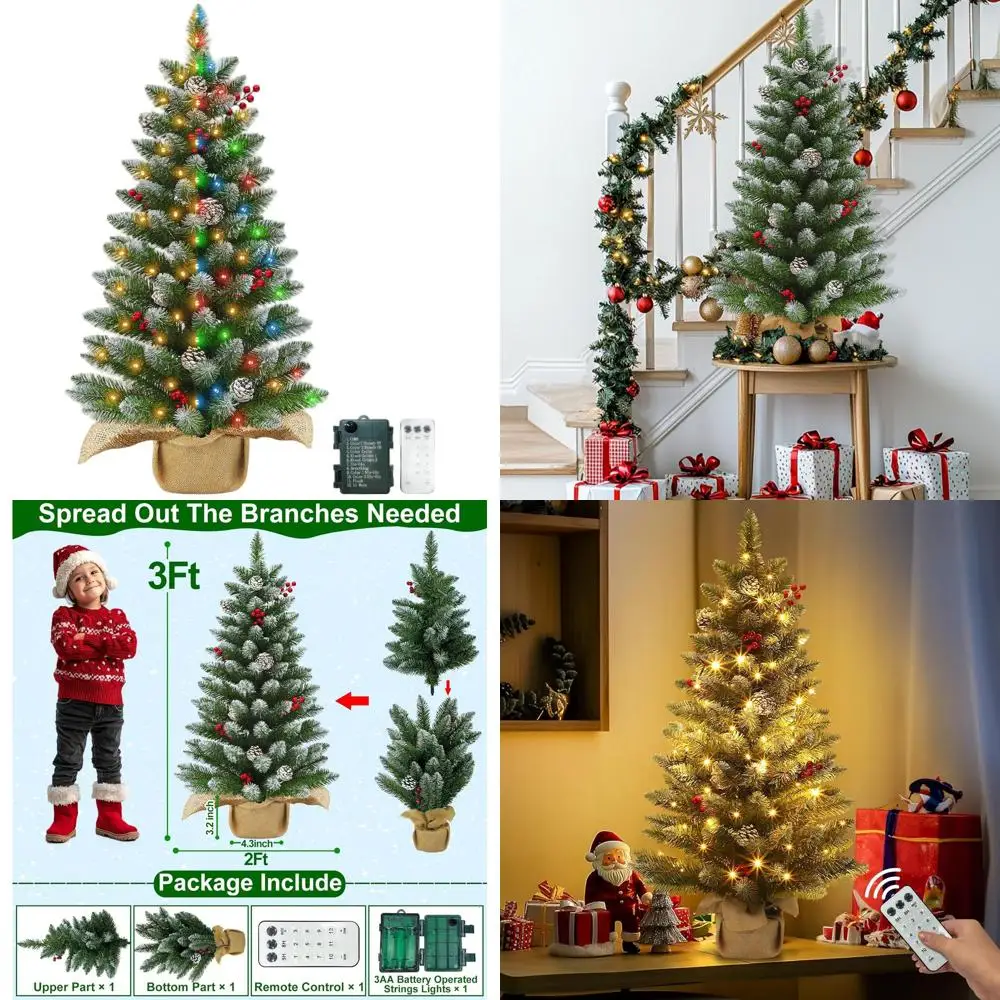 

Battery-Powered 3-Foot Mini Christmas Tree with 50 LED Lights, Snowy Look, 12 Cones, and Burlap Base for Festive Decor