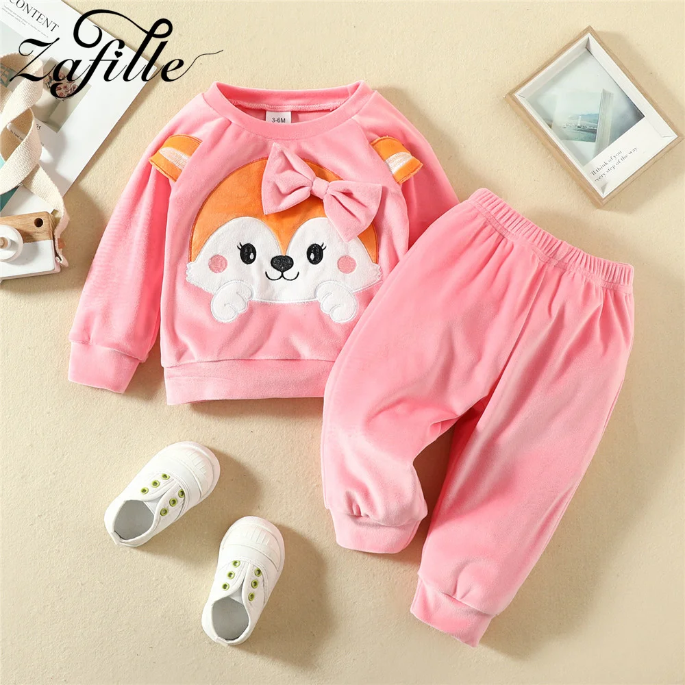 

ZAFILLE Autumn Winter Kids Girls Clothing Bowknot Fox Top+Solid Pants Baby Clothes Set Cartoon Children Outfits Girls Sleepwear