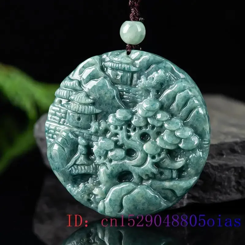 Burmese Jade Landscape Pendant Charm Jewelry Choker Amulets Vintage Gift Natural Emerald Necklace Luxury Green Jadeite