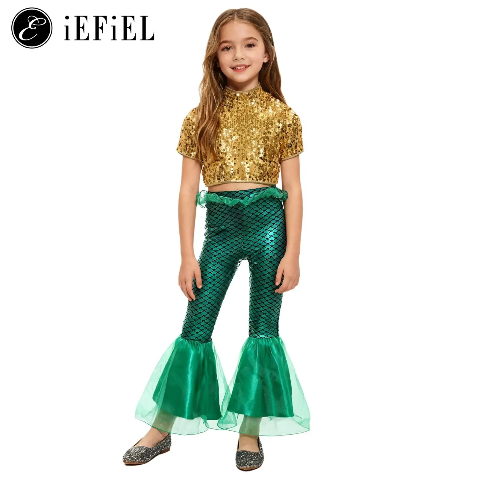 

Girls Mermaid Cosplay Costume Set Sparkly Sequin Crop Top with Fish Scales Print Pants Bell Bottoms Trousers Mermaid Dress Up
