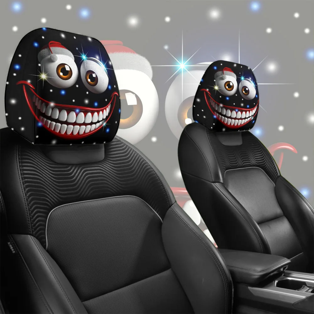 Two interesting smiling car headrest covers, Christmas holiday gifts with big eyes and expressive faces, car parts decoration