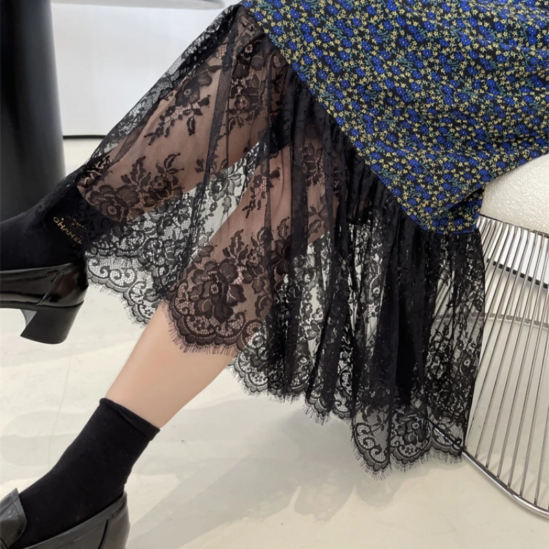 Abito lungo estivo Abito da donna a maniche corte con scollo a V in stile francese Abito t-shirt taglie forti con orlo in pizzo patchwork floreale blu