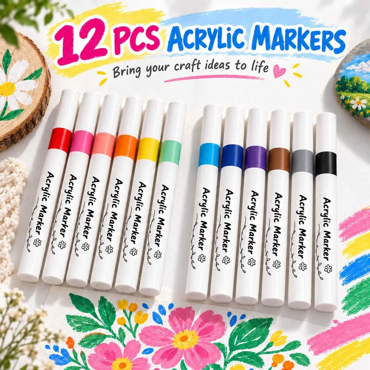 12pcs Acrylic Paint Marker Pens Assorted Random Colors Art Painting Set for Drawing Decoration DIY Crafts