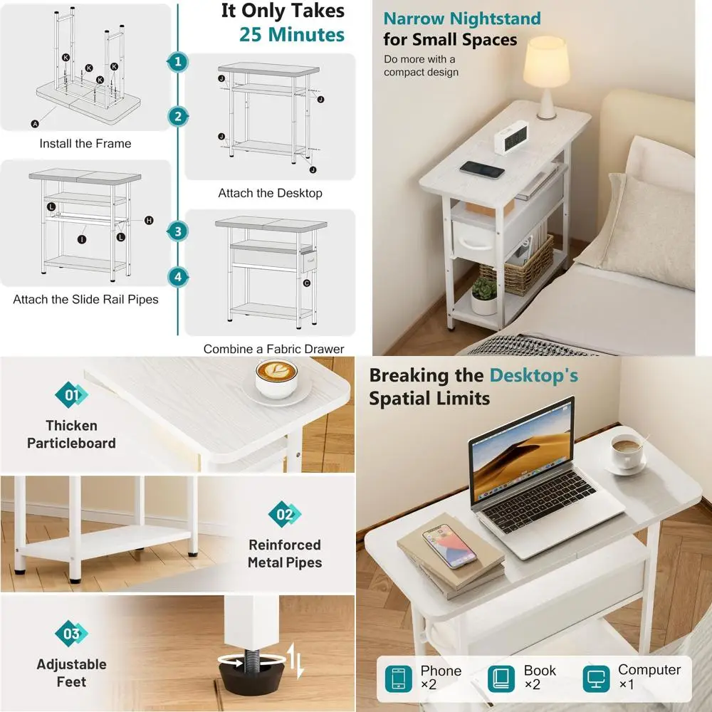 

Compact Drawer Nightstand, 3-Tier Slim End Table for Bedrooms and Living Rooms, Storage-Friendly for Small Spaces, White