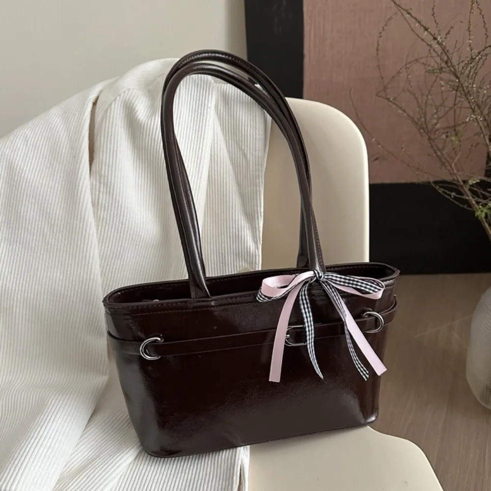 

Sweet PU Leather Bow Ribbon Shoulder Bag Korean Style Commuting French Stick Underarm Bag Square Y2K Women Handbag Girls