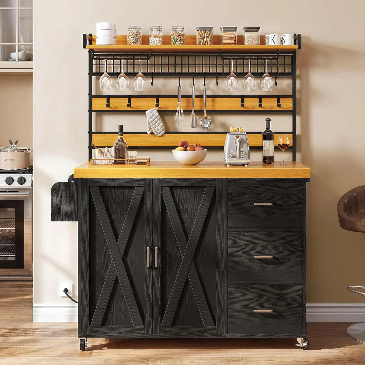 Large Rolling Kitchen Island with Power Outlet & LED Light, 53 Inch Portable Baker Rack Cart with Storage Cabinet Tall